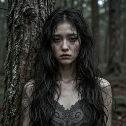 portrait, woman thbcje, in a forest h 5 ews, sad, lost, mysterious, intricate details, sharp focus, art by wlop, trending on artstation, deviantart