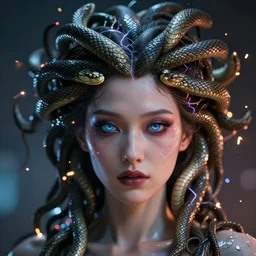 a cyberpunk close up portrait of cyborg medusa, electricity, snakes in hair, sparks, bokeh, soft focus, by paul lehr, jesper ejsing