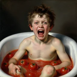 a boy like eraserhead sitting in a bathtub full of tomato sauce, looking straight into camera, screaming in pain, by giuseppe arcimboldo and ambrosius benson, renaissance, fruit, intricate and intense oil paint, a touch of beksinski and hr giger, realistic