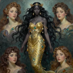 a beautiful dark androgynous mermaid, pinup pose, long hair, tall and thin, wearing dozens of pendants and a gown of gold, small delicate crown of the sea on her head, illustration, dramatic lighting, soft details, painting oil on canvas, (art nouveau), octane render, HDR, 4k, 8k, HD, by Tom Bagshaw, Brom, Charlie Bowater, faces by otto schmidt
