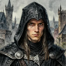quiet, no smile, 4 0 years old male, serious, no smile, robber, long straight hair, wearing black assassin medieval richly decorated hood, wlop, artgerm, jason chan, charlie bowater, sergey kolesov, medieval, fantasy d & d, watercolor on paper, hyper detail portrait, closeup on face, colorfull, hyper details, dark medieval city in the rain on the background