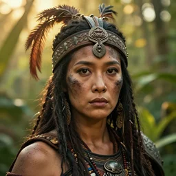 head and shoulders portrait of a female knight, tribal armor, headdress, smudged face, spatter, detailed face, photography by jimmy nelson, by paul schutzer, golden hour, jungle