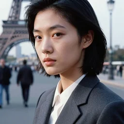 ektachrome, 3 5 mm, highly detailed : incredibly realistic, beautiful three point perspective extreme closeup 3 / 4 portrait photo in style of chiaroscuro style 1 9 9 0 s frontiers in flight suit cosplay paris street photography, youthful asian demure, perfect features, cool haircut, atheletic agency model, vogue fashion edition