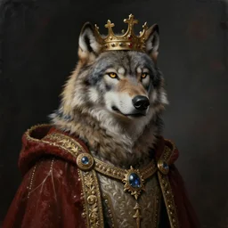 “an oil painting portrait of a wolf wearing medieval royal robe and an ornate crown on a dark background” digital Art, concept Art, highly detailed, 3-D 4K, trending on art station, Award winning, Mark Brooks,