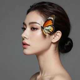 a portrait photography of a beautiful woman morphing in the upper side of the face with wings of a butterlfy in style of Flora Borsi , fine art photography, professional soft studio lighting, 85 mm sigma art