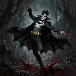 a gothic splatter painting of prince as batman dancing, in the style of irena chrul, dark color scheme, artstation