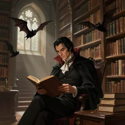 enormous library, dracula sits reading, bats, jean - artstation digital art