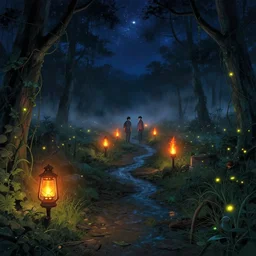 swamp at night, stars, path, lanterns, torches, fireflies, bioluminescence, vines, fire, stream, fog, by takehiko inoue and kim jung gi and hiroya oku by thomas kinkade and greg rutkowski and ilyaku, trending on artstation, photorealistic, octane, hyper detailed, trending on deviantart