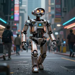 chappie - johnny 5 - hybrid, futuristic, walking in cyberpunk streets, cinematography by trent opaloch, deep depth field, masterpiece, featured on vimeo, featured on pixiv, cinematic composition, hyper - detailed, sharp focus, hd, hdr, 4 k, 8 k