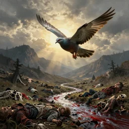 a dove flying over mountain of dead bodies after a plague that killed all people on earth, river of blood flowing