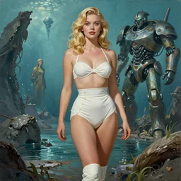 A mixed media portrait painting of a beautiful blonde woman exploring the ruins of a watery alien planet, very curvy, aesthetic! high-waisted white-bikini-armor and boots, aesthetic symmetrical face and eyes, model, Scandinavian, discarded mechsuit in background, by Boris Vallejo, Beeple, Frank Frazetta, Greg Rutkowski, Christian MacNevin, Alphonse Mucha, epic fantasy character art, high fantasy, CGsociety, 60's Sci-fi Pinup style, exquisite detail, post-processing, masterpiece, cinematic