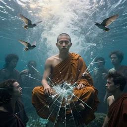 Peaceful monk in a chaotic storm of liquid smoke, by petros afshar, sabbas apterus, brian sum, ross tran, shattered glass, bubbly underwater scenery, radiant light