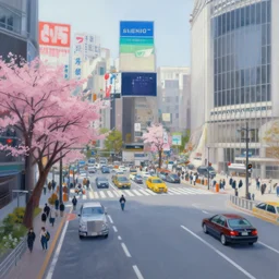an edward hopper style painting of a busy road in tokyo shibuya, spring