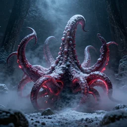 a cinematic still from the thing ( 1 9 8 2 ), tentacles, particles, volumetric light, hyperrealistic, snow, ultradetailed, ominous, octane render, neon, fog