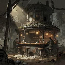 detailed ultra - realistic graphic novel illustration of shadowrun cyberpunk postapocalyptic desolate industrial bar inspired by famous artstation painters