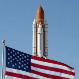 The Space Launch System rocket in flight, eclipsed by the American Flag in the foreground, photorealistic