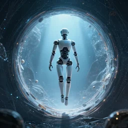 a robot staring into a portal to multi - dimensional latent space wondering whether or not to leap in