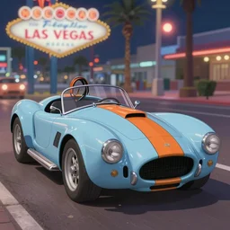 a wholesome animation key shot of!! one!! focused!! ac cobra!!, pale blue with orange stripe, gulf colours, in las vegas street, medium shot, studio ghibli, pixar and disney animation, sharp, very detailed, high resolution, rendered in unreal engine 5, anime key art by greg rutkowski, bloom, dramatic lighting