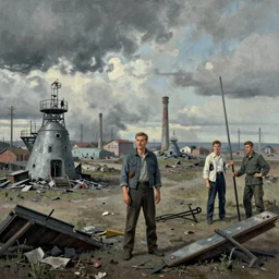 post apocalyptic atmosphere, Soviet era science fiction, no people, set painted by norman rockwell and tom lovell and frank schoonover, cinematography by Wim Wenders, composition by Fritz Lang
