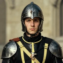 Medium closeup Sam Hyde, idealistic and pious male Imperial soldier wearing a black tabard with light yellow accents over a gambeson and a steel open helm, by Raymond Swanland Greg Rutkowski Lise Deharm, {perfect face}, {perfect eyes}