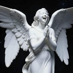 white statue of an angel that has very long long neck and laughing horribly and praying in outer space