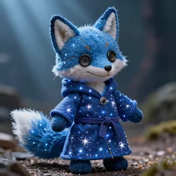 a starry blue fox druid doll wearing magic imbued mage robes with led lights stitched on the fabric to resemble stars, cinematic, cotton fabric, button eyes, seams, cinematic, dust particles, god rays, led lights, dungeons and dragons, fantasy art, real life, photograph, national geographic, dynamic camera angle, macro camera shot