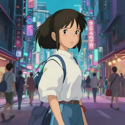 awesome girl on busy cyberpunk city street, in the style of spirited away, vibrant colours, hyperrealism, soft lighting, art by satoshi kon, lush detail, award winning, trending on artstation