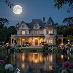 a stunning beautiful renaissance - style lake house in the moonlit nightscape, house by the reflective lake in the evening, dreamy, lamps and flowers, beautiful garden, highly detailed, perfect landscape, artstation, 4 k