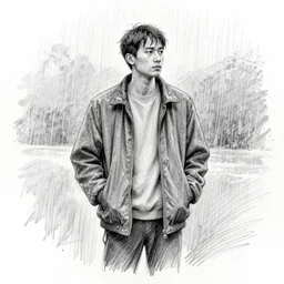 a drawn man standing in the rain in a jacket. pencil sketch.