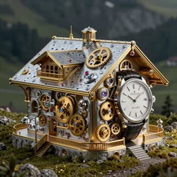 Beautiful steampunk Swiss chalet made of intricate watch parts, cogs, gears, gearwheels, levers, jewels, shiny silver, shiny gold, architectural render, futuresynth, by Gabriel Dawe, by Skottie Young, by Jessica Rossier, by Isaac Cordal, Rolex, Breitling, Jacob & Co, Omega, Tag Heur