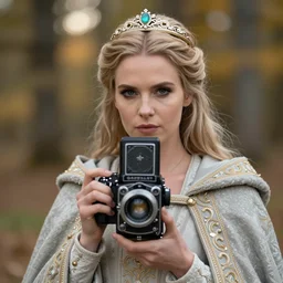portrait photograph of a very beautiful nordic queen with ornate cloak, bokeh, graflex camera, marcro 20mm