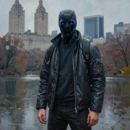 hyper realistic oil painting of a cyberpunk men holding a cool a lot of central park building are in the background and it's raining