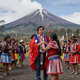 a realistic 4 k imagen of gabriel boric president of chile given as a sacrifice by the mapuche communities to the osorno volcano
