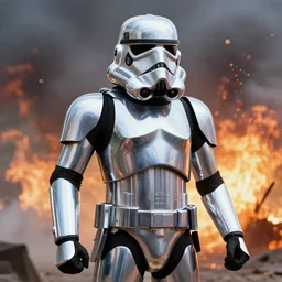 storm trooper in a battle, smoke, fire, explosions, chrome, shiny, reflective, metallic, 3 d render, realistic, hdr, stan winston studios, dramatic lighting, flame colors bright,