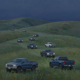 midnight, a herd of pickup trucks migrating across the grassy hills, oil on canvas realism painting, beautiful calming surreal scene, featured trending