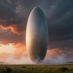 professional cinematic photograph render of a single massive beautiful neo - futuristic matte symmetrical elongated oval monolith by ilm, denis villeneuve, emmanuel shiu, zaha hadid, mist vapor, deep color, architectural scale, grassland, dramatic storm sunset, hyperrealism, very high detail, volumetric, trending on artstation, sharp focus, rendered in octane