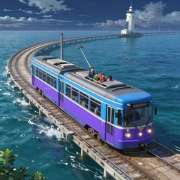 a blue purple streetcar is running on the maple leaf sea, unreal engine, fantasy art by greg, loish, rhads, ferdinand knab, makoto shinkai and lois van baarle, ilya kuvshinov, rossdraws, tom bagshaw, night lighting, trending onstudio ghibli, highly detailed, octane render, 8 k