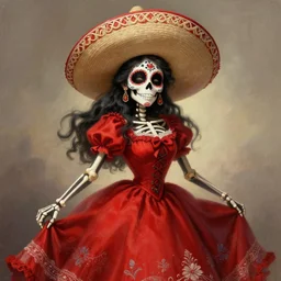 cute & beautiful smiling mexican undead skeleton girl wearing a sombrero and a wide red dress, elegant, digital art, fantasy, painting, pin up, highly detailed, artstation, art by artgerm
