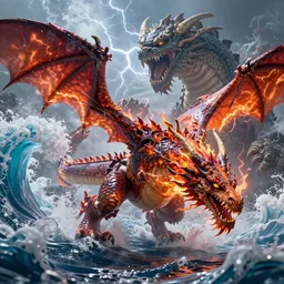 fire dragon with lightnings and smoke is fighting against giant water monster with huge waves, CGsociety, full length, exquisite detail, post-processing, masterpiece, volumetric lighting, cinematic, hypermaximalistic, high details, cinematic, 8k resolution, beautiful detailed, insanely intricate details, sharp edges, smooth focus, low angle, tilted