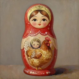 matryoshka holding a chicken, oil painting from the 1980s