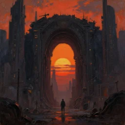 baroque oil painting of environment of a hell portal in a cyberpunk world, brutalist, dark fantasy, sunset, rule of thirds, digital cel shading, fake hidden detail, trending on pixiv fanbox