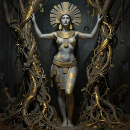 beautiful aztec inca woman full body well proportioned in tunic stands posing among lianas by eddie mendoza hyperrealism cyborgess expressive dramatic symmetrical very very detailed giger beksinski grey and gold shadows