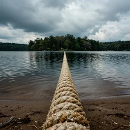 centered photograph of a single line of big infinite long rope tan floating on the surface stretching out to the center of the lake, a dark lake sandy shore on a cloudy day, color film, trees in the background, hyper - detailed color photo, anamorphic lens