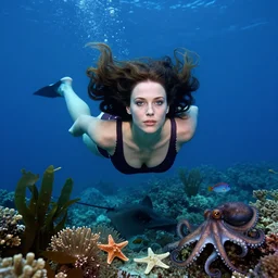 cinematic photograph of a woman wearing a 1 9 7 0 swimming costume, floating under the ocean, with detailed face, huge flowing hair by tim walker and wes anderson, in the ocean, deep blue colours, lots of detail, fine facial features, coral reef, sea kelp forrest, sea anemones, starfish, fish, octopus, stingray