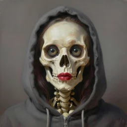 a surrealistic head and shoulder painting of a gorgeous female skeleton with cat eyeballs and lipstick and hoodie, in the style of sir james guthrie and greg rutkowski, digital art, detailed masterpiece