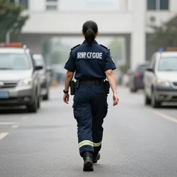 female paramedic walking away, photography, wide lens, highly detailed, brave, powerful