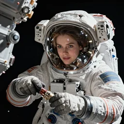 closeup shot of a gorgeous inspiring girl in space suit doing a maintenance of a space station in orbit of the moon by Craig Mullins, ilya kuvshinov, krenz cushart, artgerm trending on artstation by Edward Hopper and Dan Mumford and WLOP and Rutkovsky, beksinski carl spitzweg moebius and tuomas kocar, intricate artwork by caravaggio, Unreal Engine 5, Lumen, Nanite