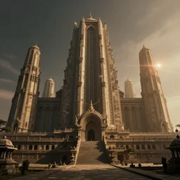 an epic matte painting by weta digital, a massive temple, Theeb palace architecture designed by hr giger, lofi low contrast dark retro palette, hyper realistic octane render 4k, lens flare, light leaks, golden hour
