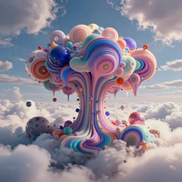 psychdelic dreamworld in the clouds, surrealist and abstract digital art trending on artstation by artist Rob Gonsalves and Mark Riddick. n-9