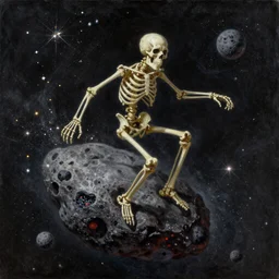 painting by zdzisław beksinski, skeleton riding an asteroid through space, stardust and sparks and glitter sparking in the air, epic painting, cinematic